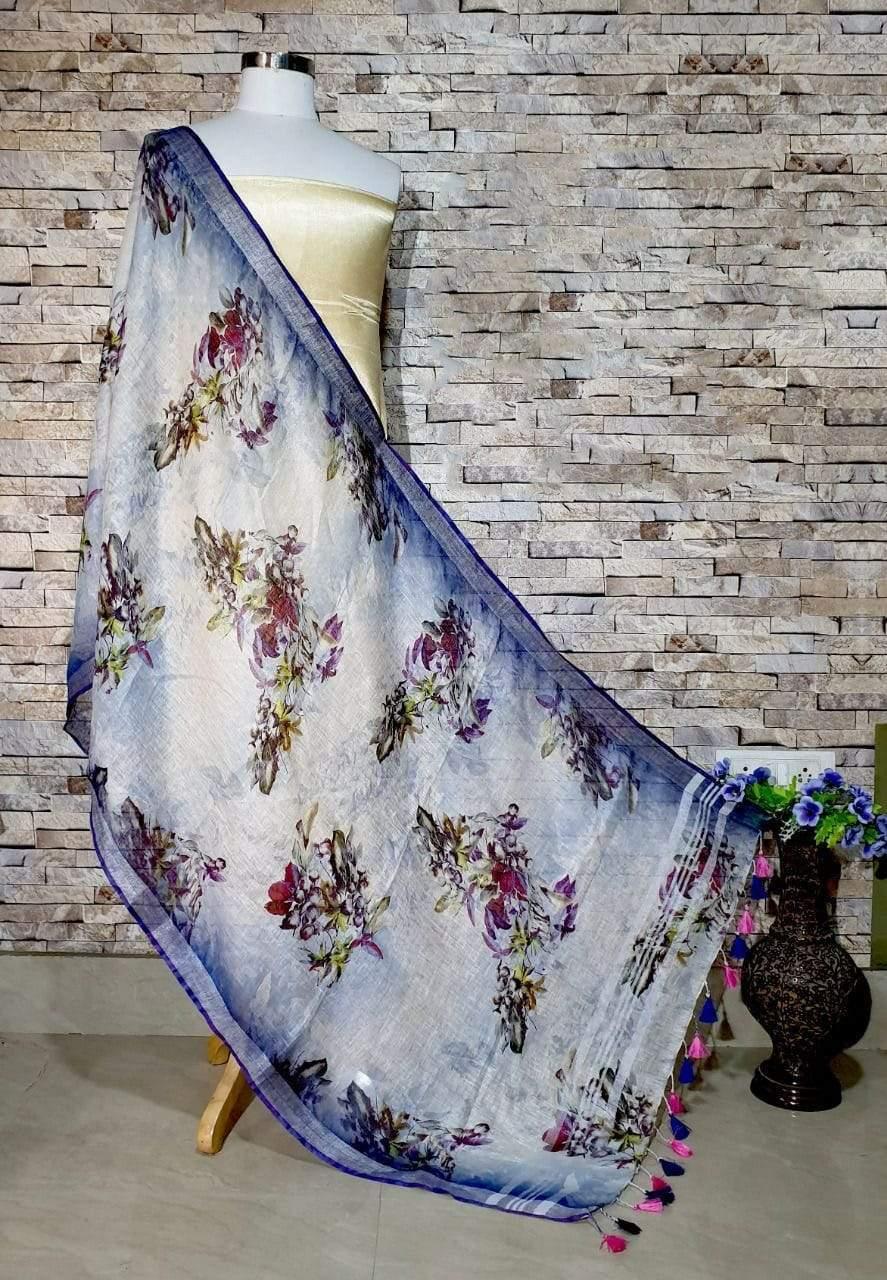 Enticing White Base Blue Border Digital Linen Dupatta - Ibis Fab