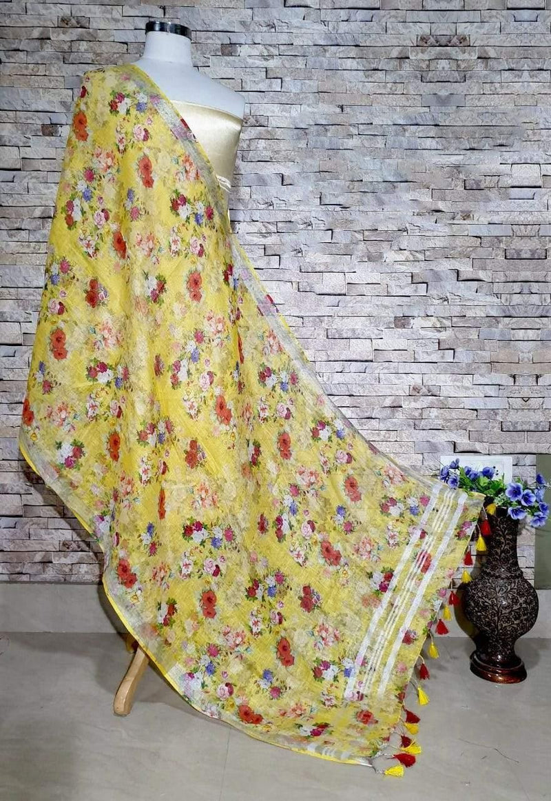Enticing Yellow Floral Print Digital Linen Dupatta - Ibis Fab