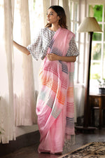 Entrancing Baby Pink Colored Casual Printed Pure Linen Saree - Ibis Fab