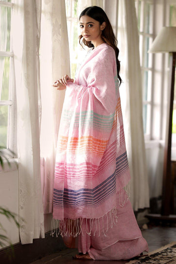 Entrancing Baby Pink Colored Casual Printed Pure Linen Saree