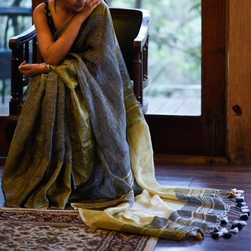 Entrancing Grey Colored Festive Wear Pure Linen Designer Saree - Ibis Fab