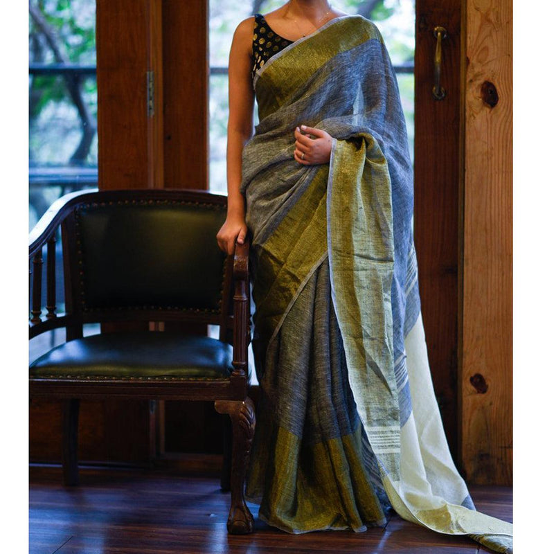 Entrancing Grey Colored Festive Wear Pure Linen Designer Saree - Ibis Fab