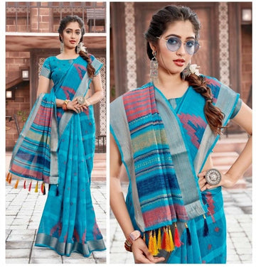 Entrancing Pure Linen Sky Blue Colored Casual Printed Saree