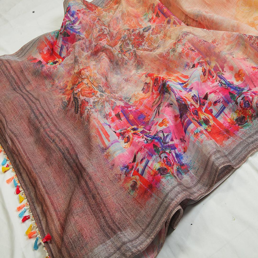 Ethnic Multi Colored Casual Wear Printed Pure Linen Saree - Ibis Fab
