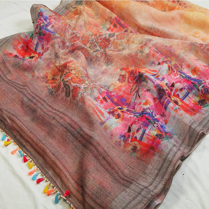Ethnic Multi Colored Casual Wear Printed Pure Linen Saree