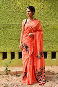 Ethnic Orange Soft colored Linen Designer printed Silk Saree