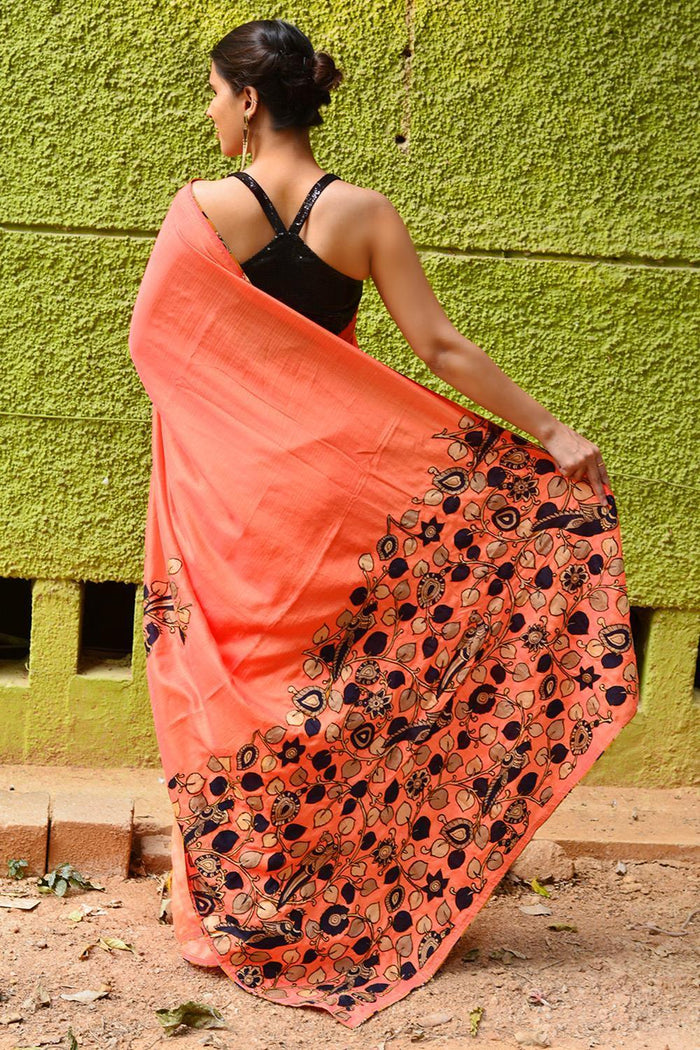 Ethnic Orange Soft colored Linen Designer printed Silk Saree
