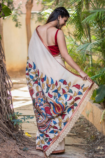 Exceedingly Off White colored Linen Designer printed Saree