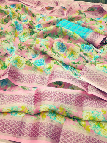 Excellent Baby Pink Colored PartyWear Pure Linen Saree