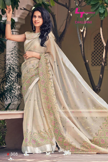 Excellent Cream Colored Festive Wear Pure Linen Designer Saree
