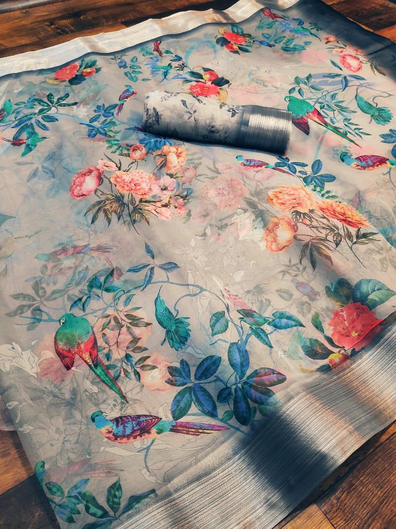 Excellent Pure Linen Light Grey Colored Festive Wear Printed Saree - Ibis Fab