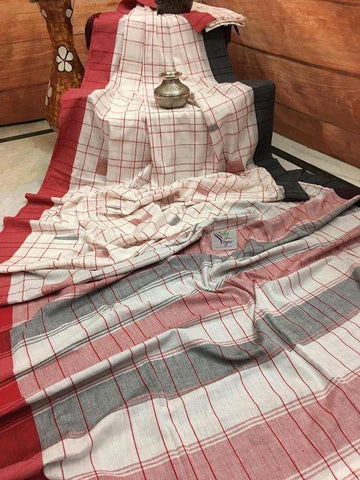 Excellent Red And White Colored  Festive Wear Printed  Pure Linen Saree