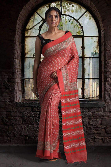 Excellent Red Colored  Festive Wear Printed  Pure Linen Saree