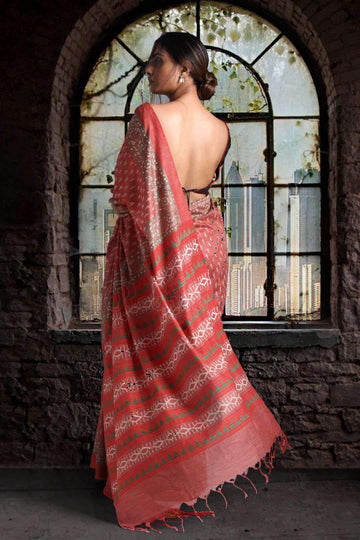 Excellent Red Colored  Festive Wear Printed  Pure Linen Saree