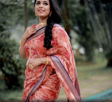 Exceptional  Coral Colored  Festive Printed  Pure Linen Saree
