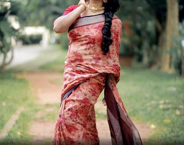 Exceptional Coral Colored Festive Printed Pure Linen Saree - Ibis Fab