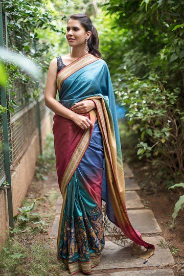 Exceptional light blue colored Linen Designer Printed Saree