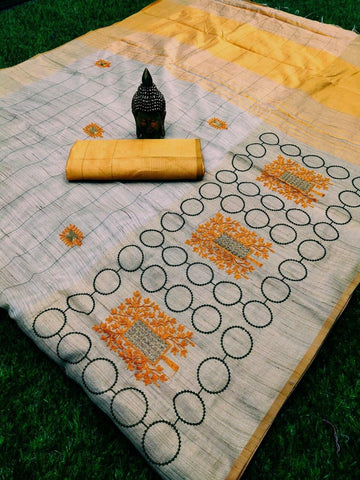 Exceptional Light Grey Colored Partywear Embroidered Handloom Cotton Silk Saree