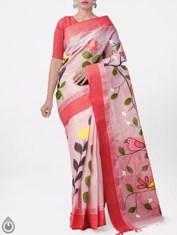 Exceptional Light Red Colored Festive Wear Linen Designer Saree