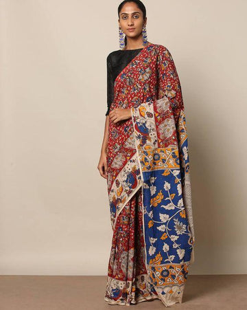 Exceptional Red colored Kalamkari Linen Designer Printed Saree
