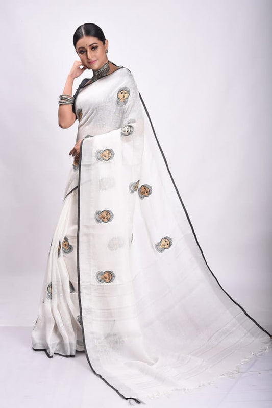 Exceptional White Festive Wear Sd Print Pure Linen Saree - Ibis Fab