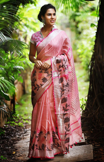 Exclusive Light pink Flora Linen Designer Printed Saree