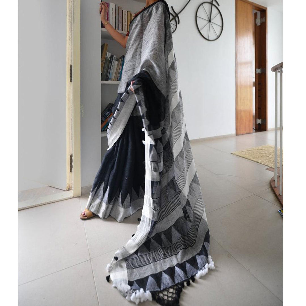 Exotic Grey And Black Colored Festive Wear Pure Linen Designer Saree - Ibis Fab