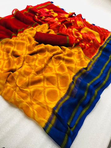 Exotic Pure Linen Yellow And Red Colored Casual Printed Saree