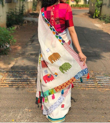 Exotic White  Colored  Festive Printed  Pure Linen Saree