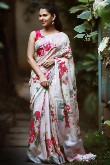 Extremely Off White with Pink Printed Saree ,Linen Designer