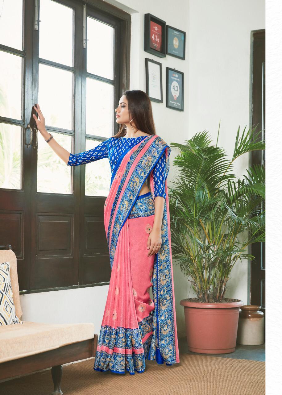 Eye-catchin Baby Pink And Royal Blue Colored PartyWear Pure Linen Saree - Ibis Fab