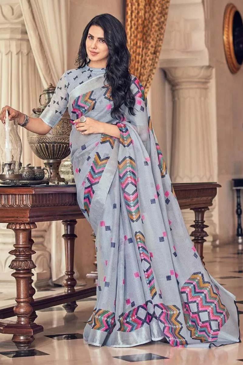 Eye-catchin Light Grey, Colored Festive Wear Pure Linen Designer Saree - Ibis Fab