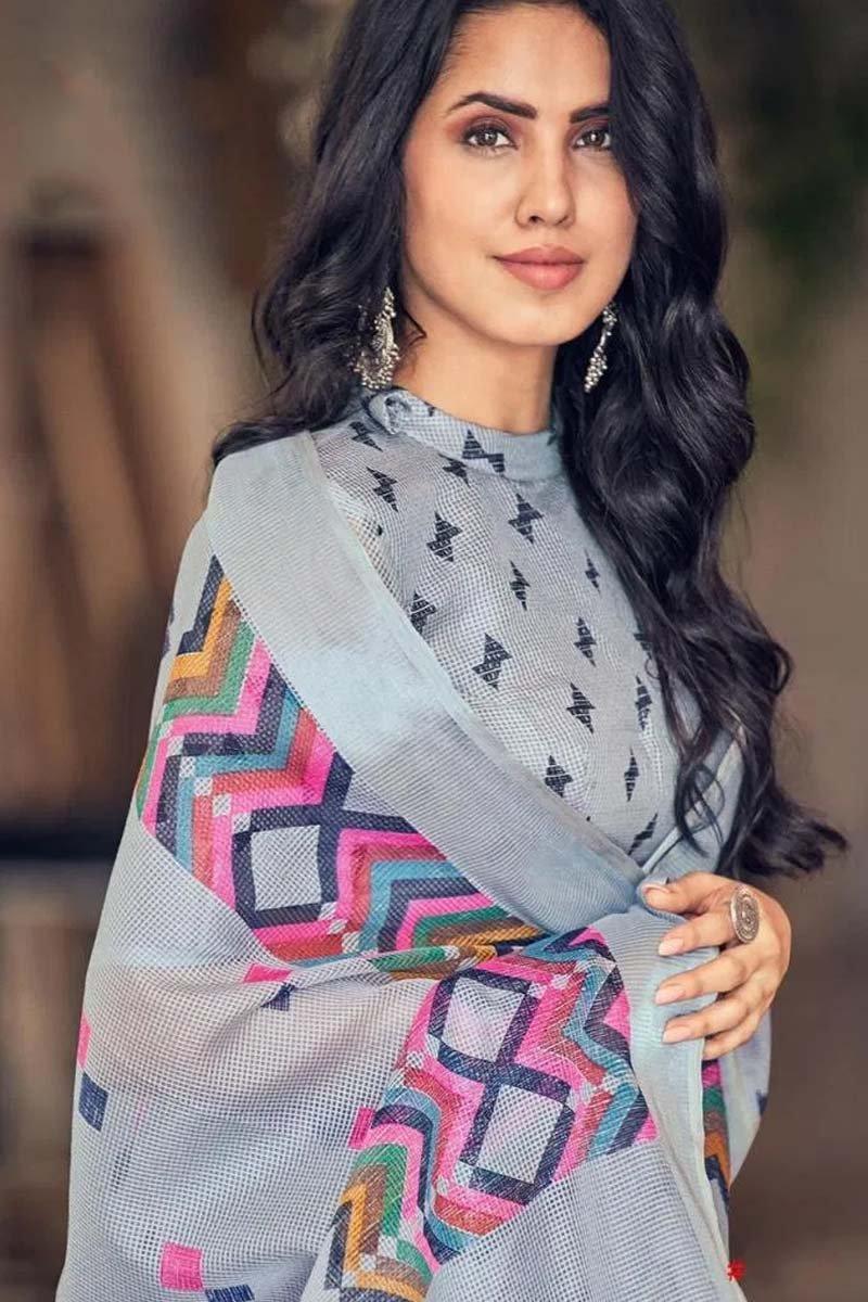 Eye-catchin Light Grey, Colored Festive Wear Pure Linen Designer Saree - Ibis Fab