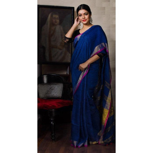 Eye-catching Dark Blue Premium Linen Saree - Ibis Fab