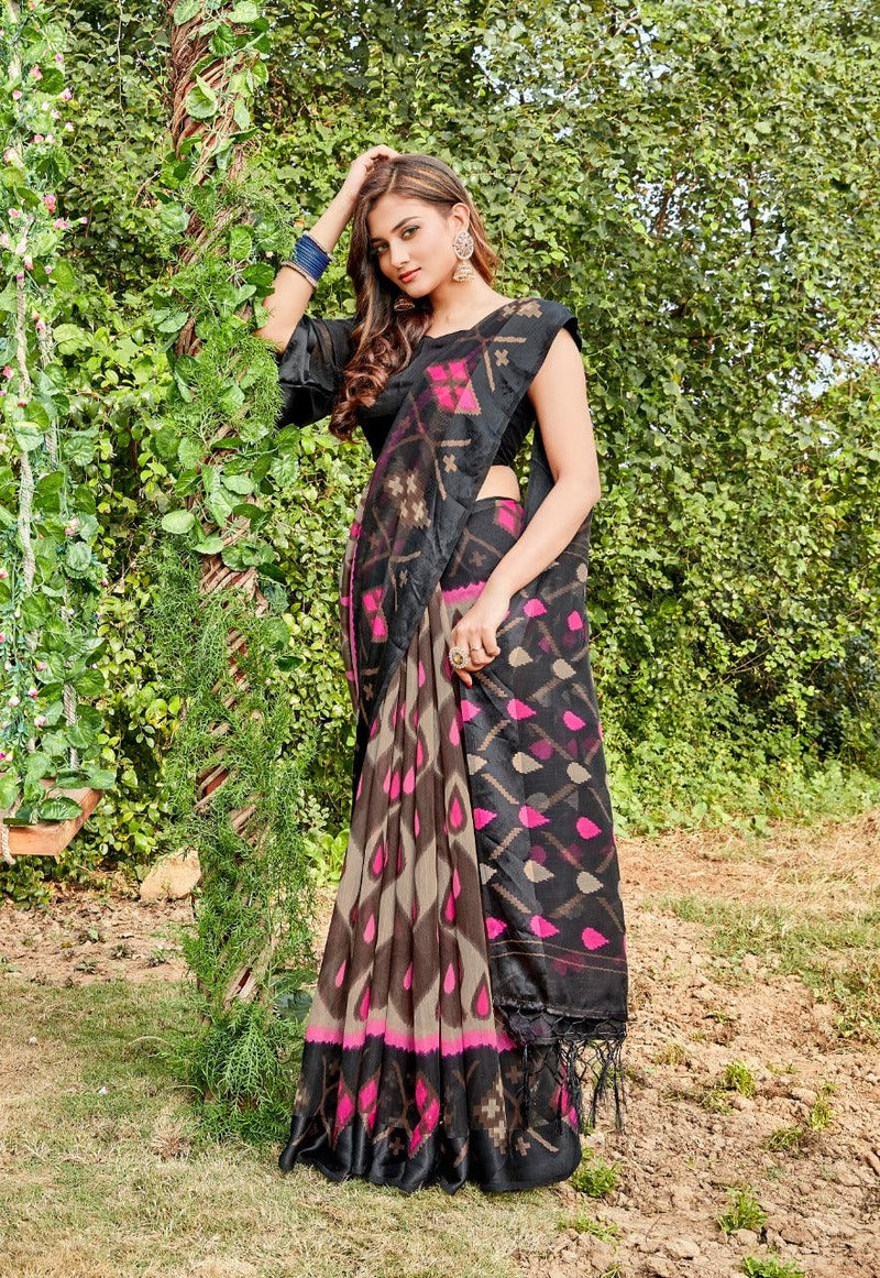 Eye-catching Pure Linen Black Colored Casual Printed Saree - Ibis Fab