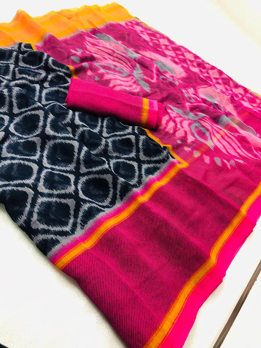 Eye-catching Pure Linen Dark blue And Pink Colored Casual Printed Saree - Ibis Fab