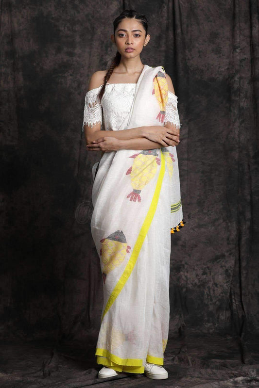 Eye-catching White And Yellow Colored Festive Wear Printed Pure Linen Saree - Ibis Fab