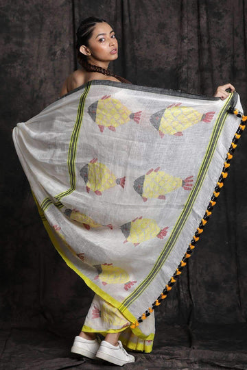Eye-catching White And Yellow Colored  Festive Wear Printed  Pure Linen Saree