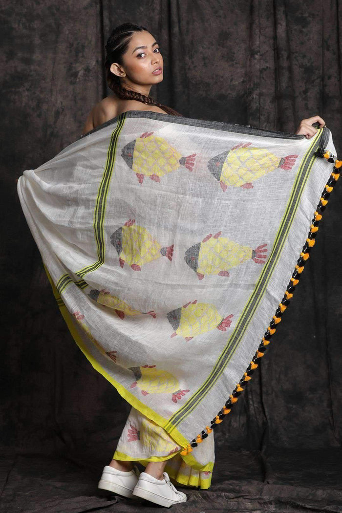Eye-catching White And Yellow Colored  Festive Wear Printed  Pure Linen Saree