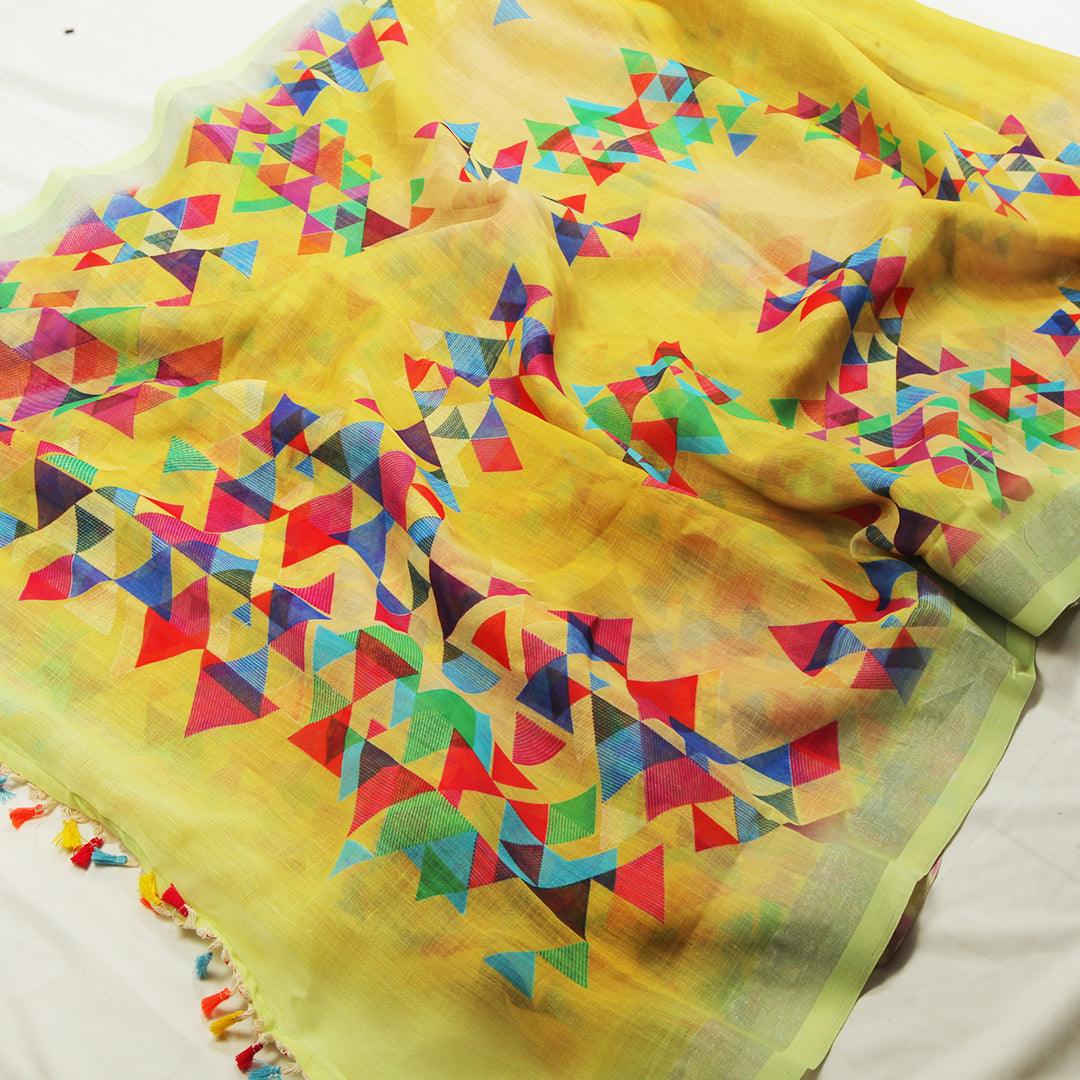 Eye-catching Yellow Casual Printed Pure Linen Saree - Ibis Fab