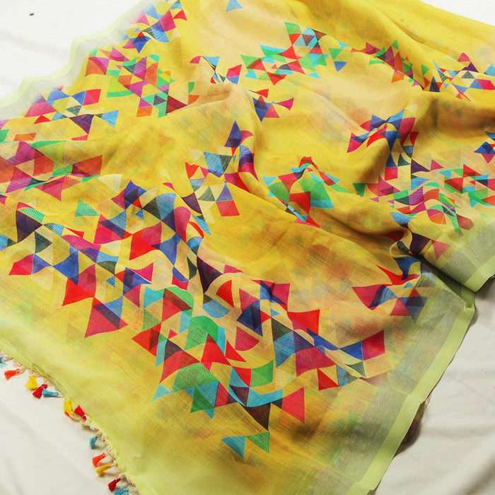Eye-catching Yellow Casual Printed Pure Linen Saree