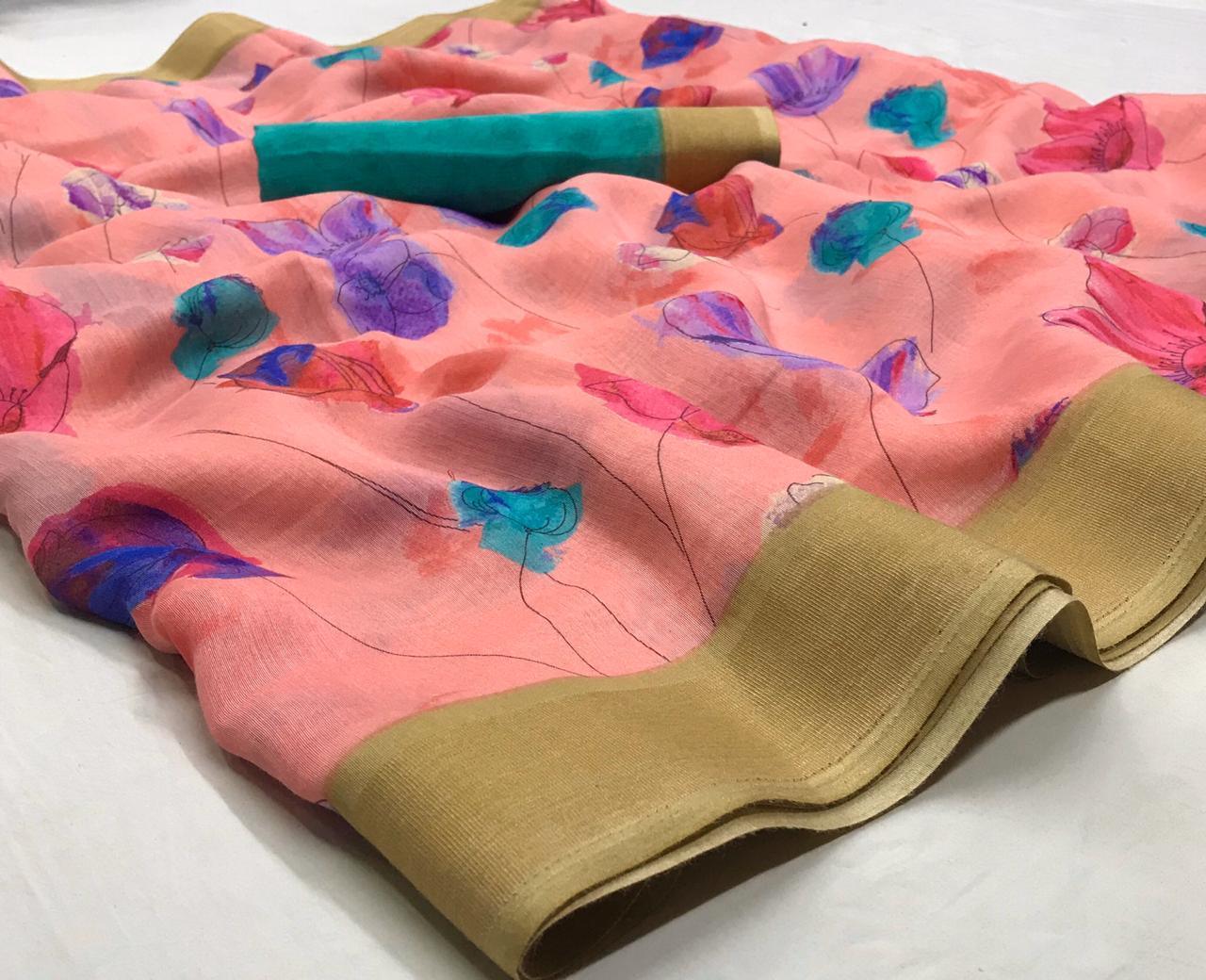 Fairy-tale Coral Colored With Gold Border Partywear Printed Pure Linen saree - Ibis Fab