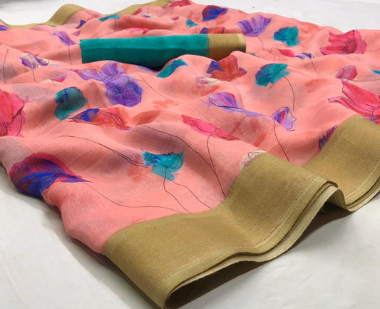 Fairy-tale Coral Colored With Gold Border Partywear Printed Pure Linen saree - Ibis Fab