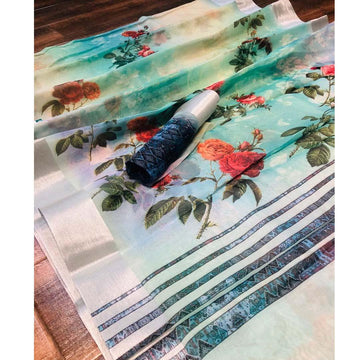 Fairy-tale Rama And Grey  Colored Party Wear Pure linen Printed Saree