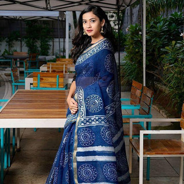 Fantastic Blue  Colored  Festive Printed  Pure Linen Saree