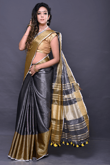 Fantastic Dark Grey Pure Linen Designer Saree - Ibis Fab