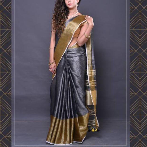 Fantastic Dark Grey Pure Linen Designer Saree - Ibis Fab