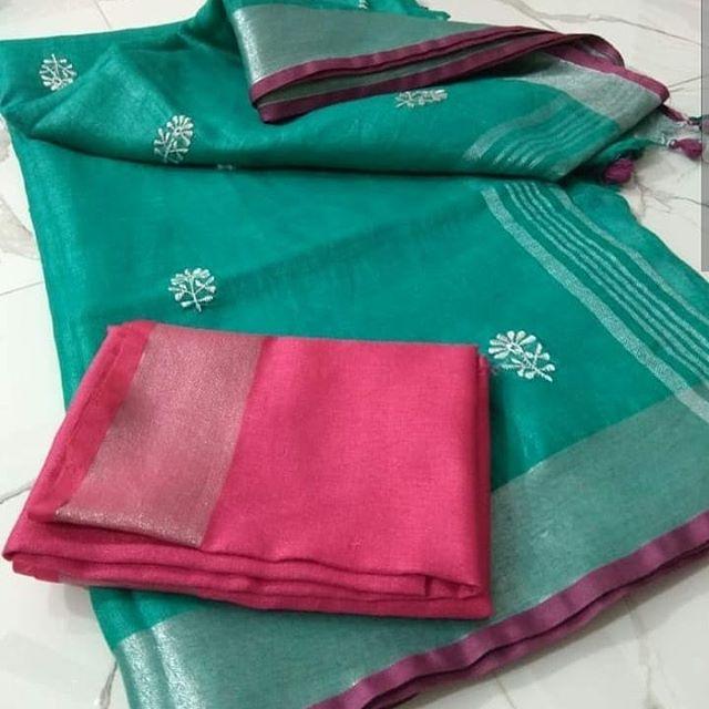 Fantastic Mint Colored Casual Printed Pure Linen Saree - Ibis Fab