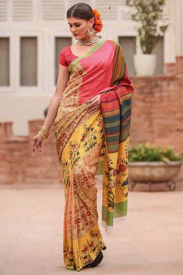 Fantastic  Multi colored Linen Designer Printed Saree