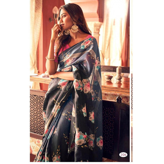 Fantastic NavyBlue Colour Printed Pure Linen Saree For Women - Ibis Fab